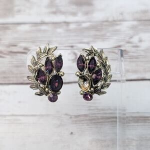 Vintage Clip On Earrings Large Statement with Purple Gems - One Missing